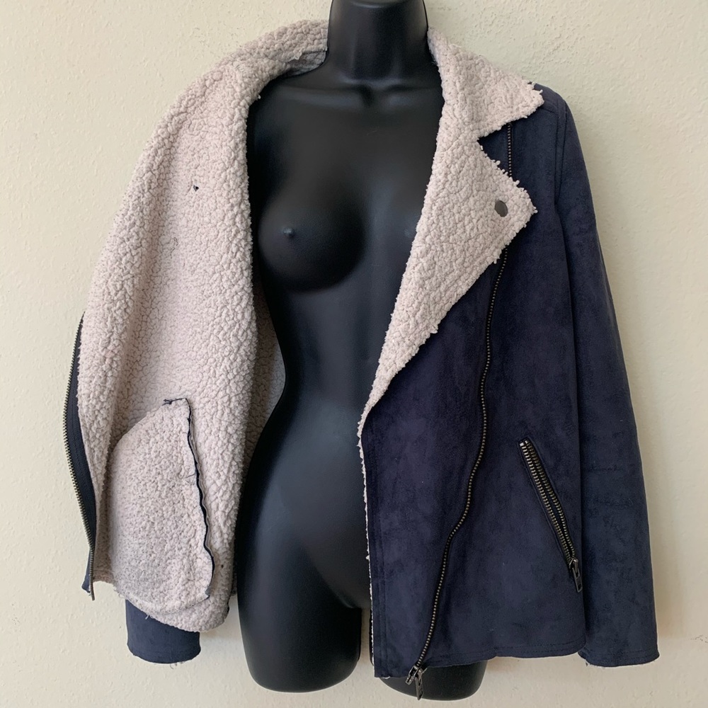 Leith Blue Faux Suede Sherpa Trim Moto Zip Jacket - Picture 14 of 15
